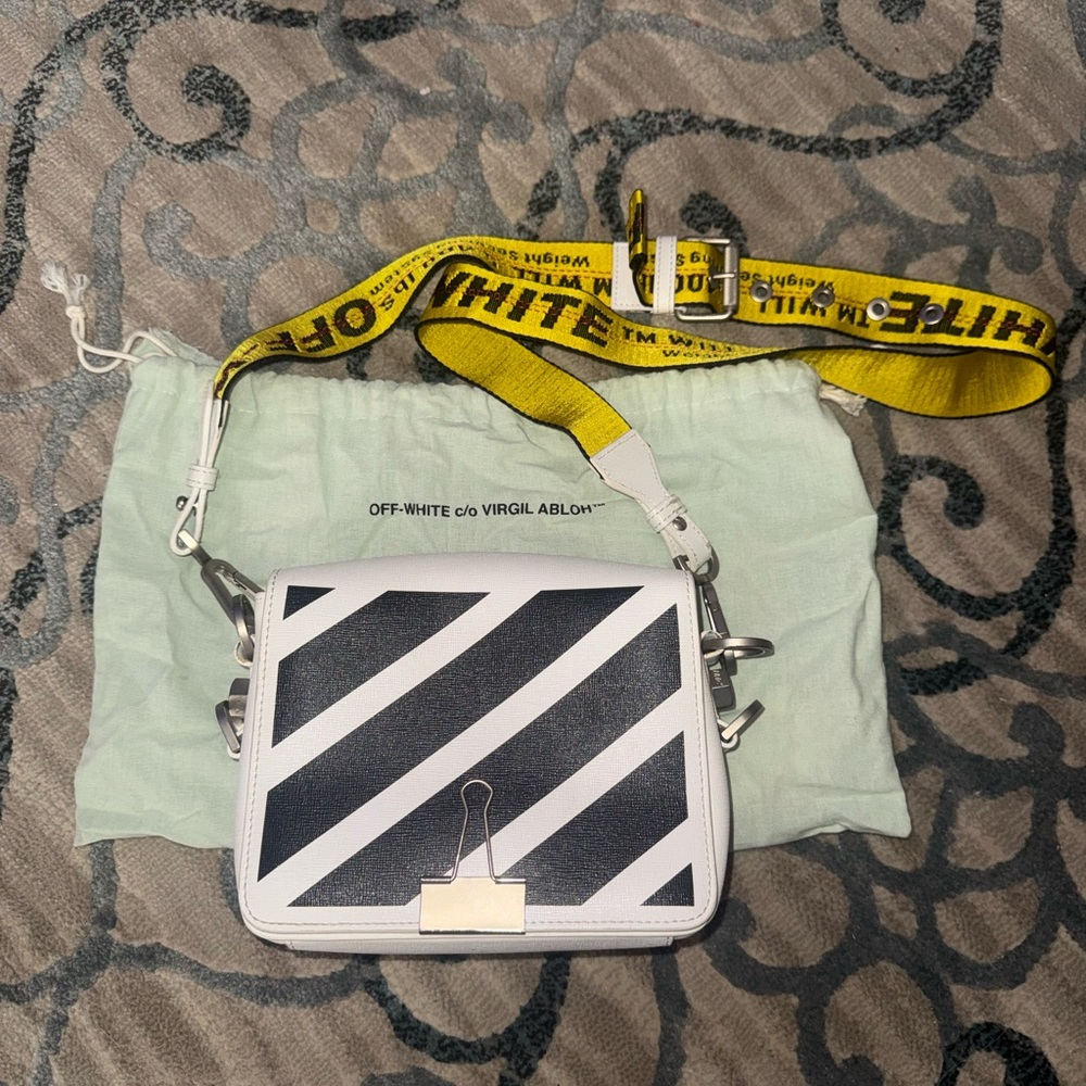 Off-White Black and White Striped Bag with Yellow Strap